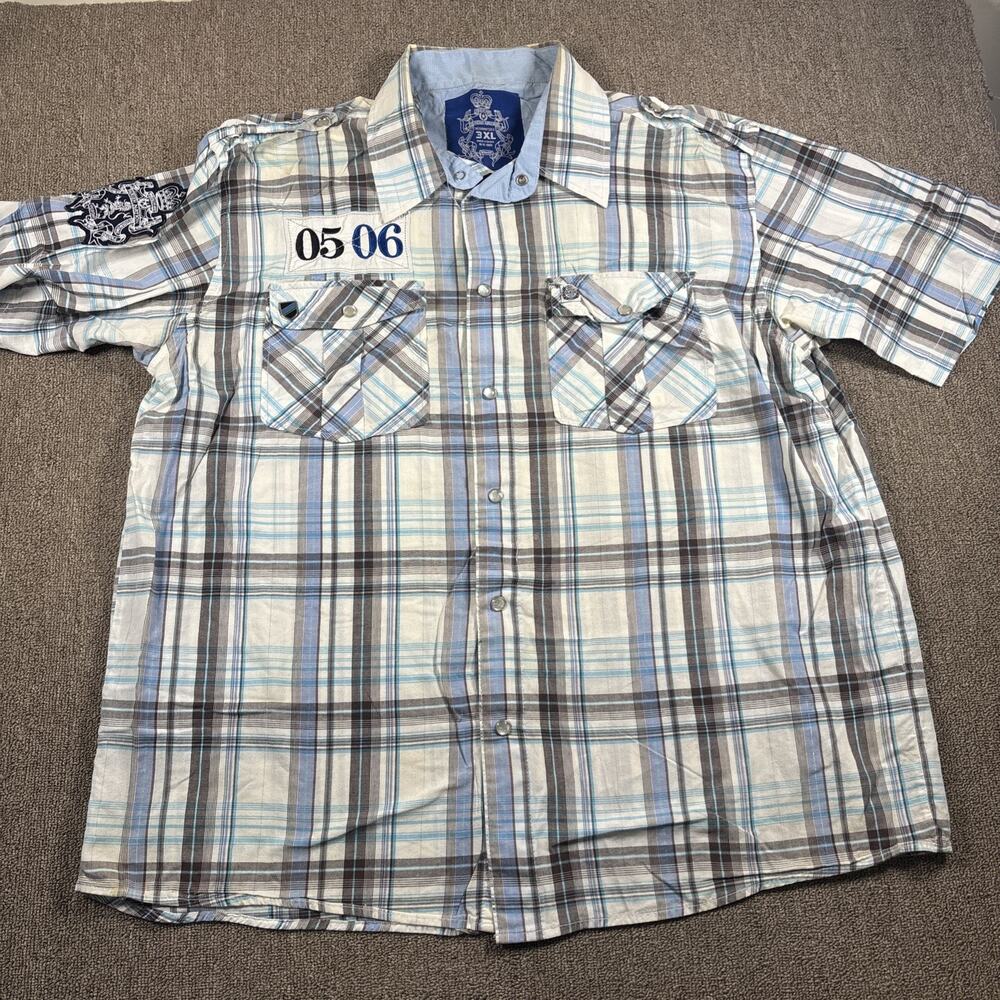 Vintage Parish Nation Y2K Plaid Pearl Snap Shirt Mens 3XL Blue White 05 06 Patch